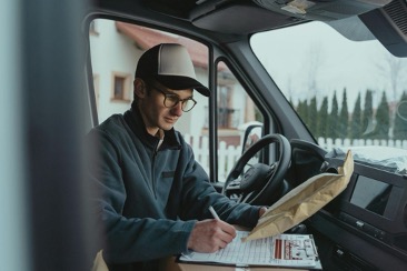 A delivery driver in a van signs off on packages – Slotted